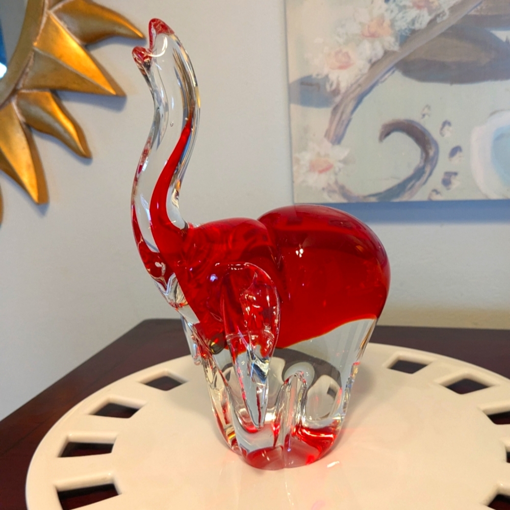VTG Italian Elephant Hand Blown Art Glass Trunk Up Prosperity Good Fortune!